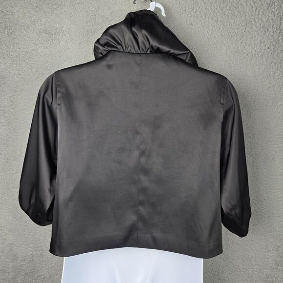 ECI New York Jacket Womens 12 Black Satin Big Collar Swing Crop Pockets Stretch - Picture 2 of 16